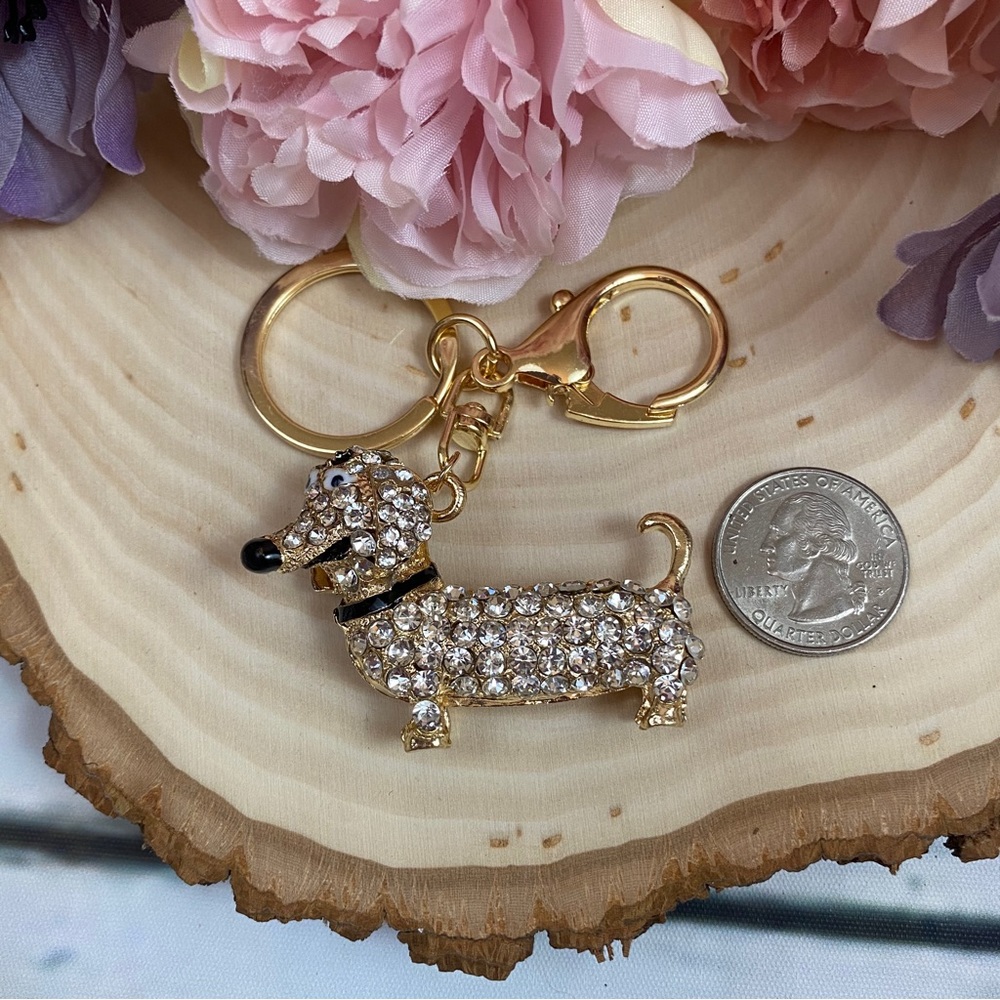 Silver Crystal Hot Dog Puppy Keychain Charm - Picture 12 of 14